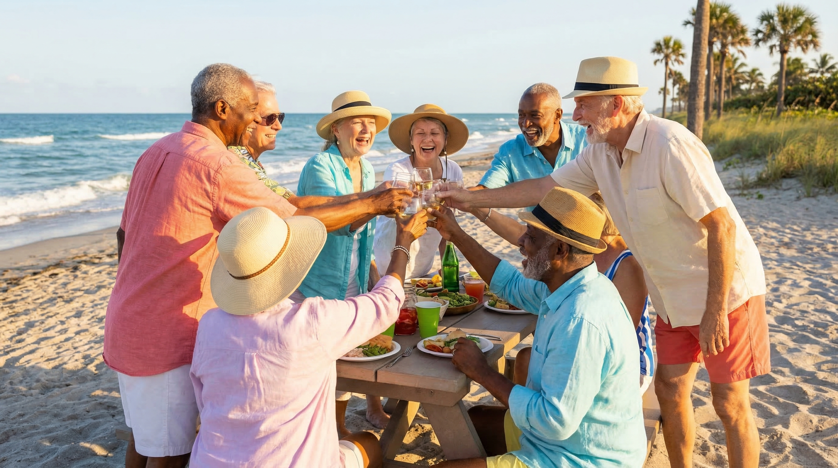 Seniors enjoying the beach and community together