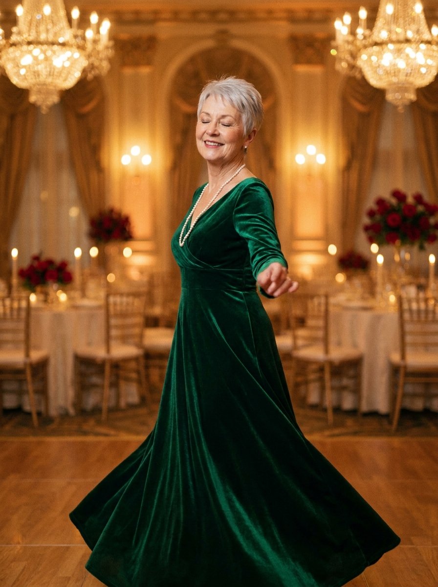 An elegantly dressed senior woman twirling joyfully on a candlelit ballroom dance floor at a celebratory gala